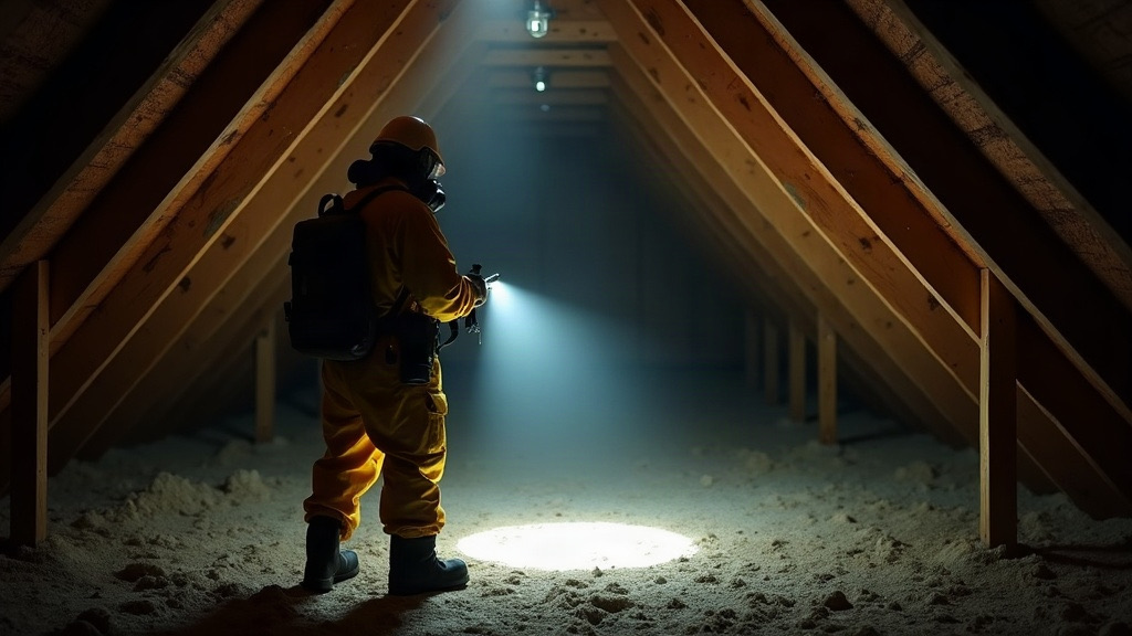 Wildlife technician in protective suit inspecting an attic with a flashlight in Columbia, SC