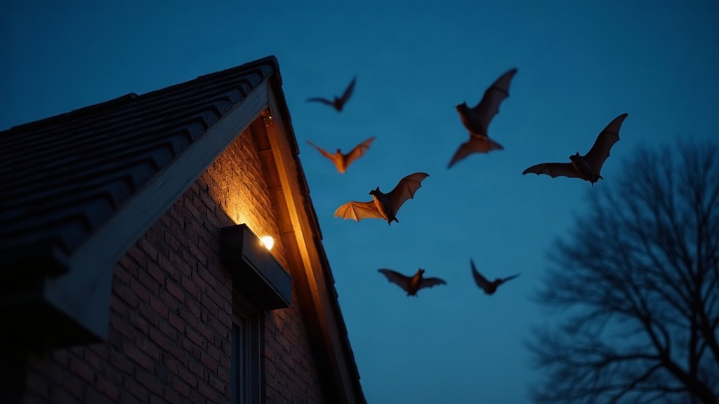 Bats flying out of a gable vent of a Columbia, SC brick house at dusk