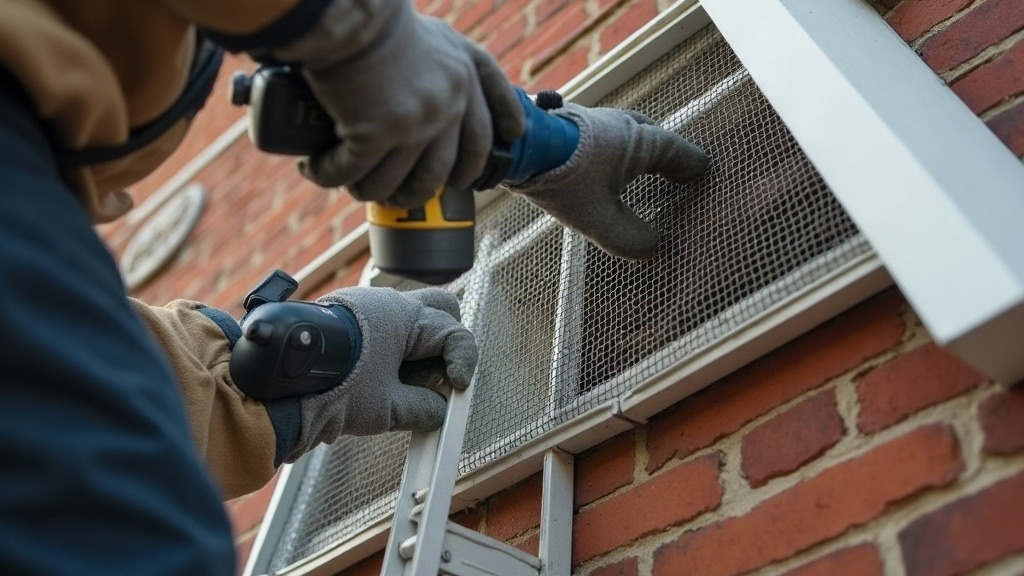 Technician installing steel mesh over a gable vent during wildlife exclusion in Columbia, SC