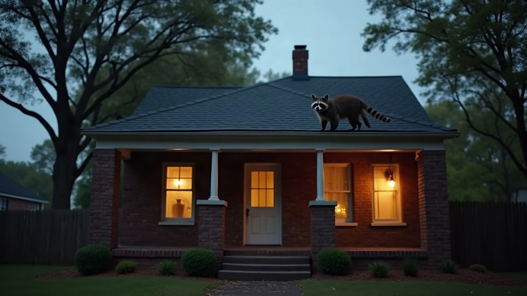 Raccoon on the roof of a brick bungalow at dusk in an older Columbia, SC neighborhood