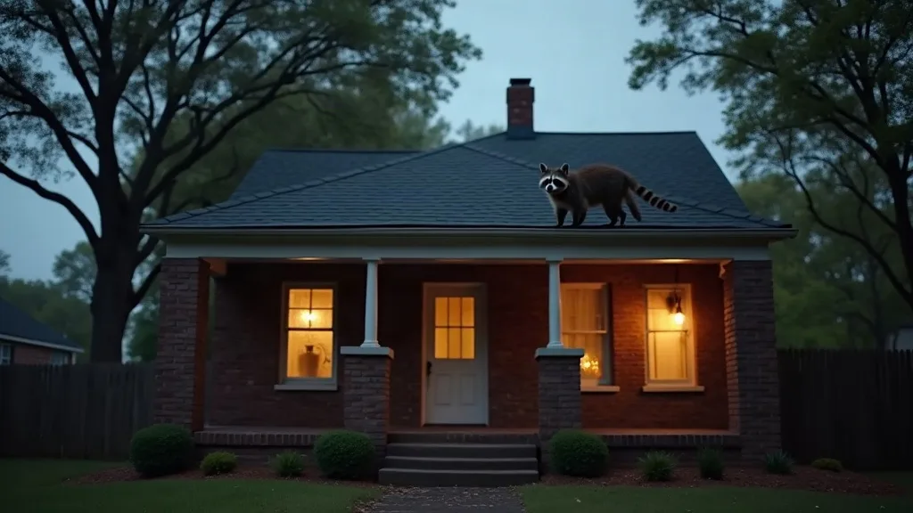 Raccoon on the roof of a brick bungalow at dusk in an older Columbia, SC neighborhood