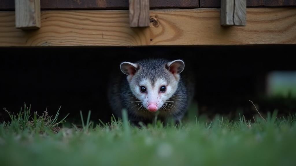 Opossum emerging from beneath a backyard deck at dusk in Columbia, SC