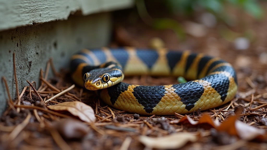 Copperhead snake with hourglass bands in leaf litter beside a Columbia, SC home foundation