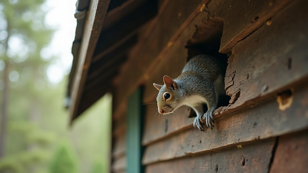 Gray squirrel at a chewed soffit hole of an older Columbia, SC home